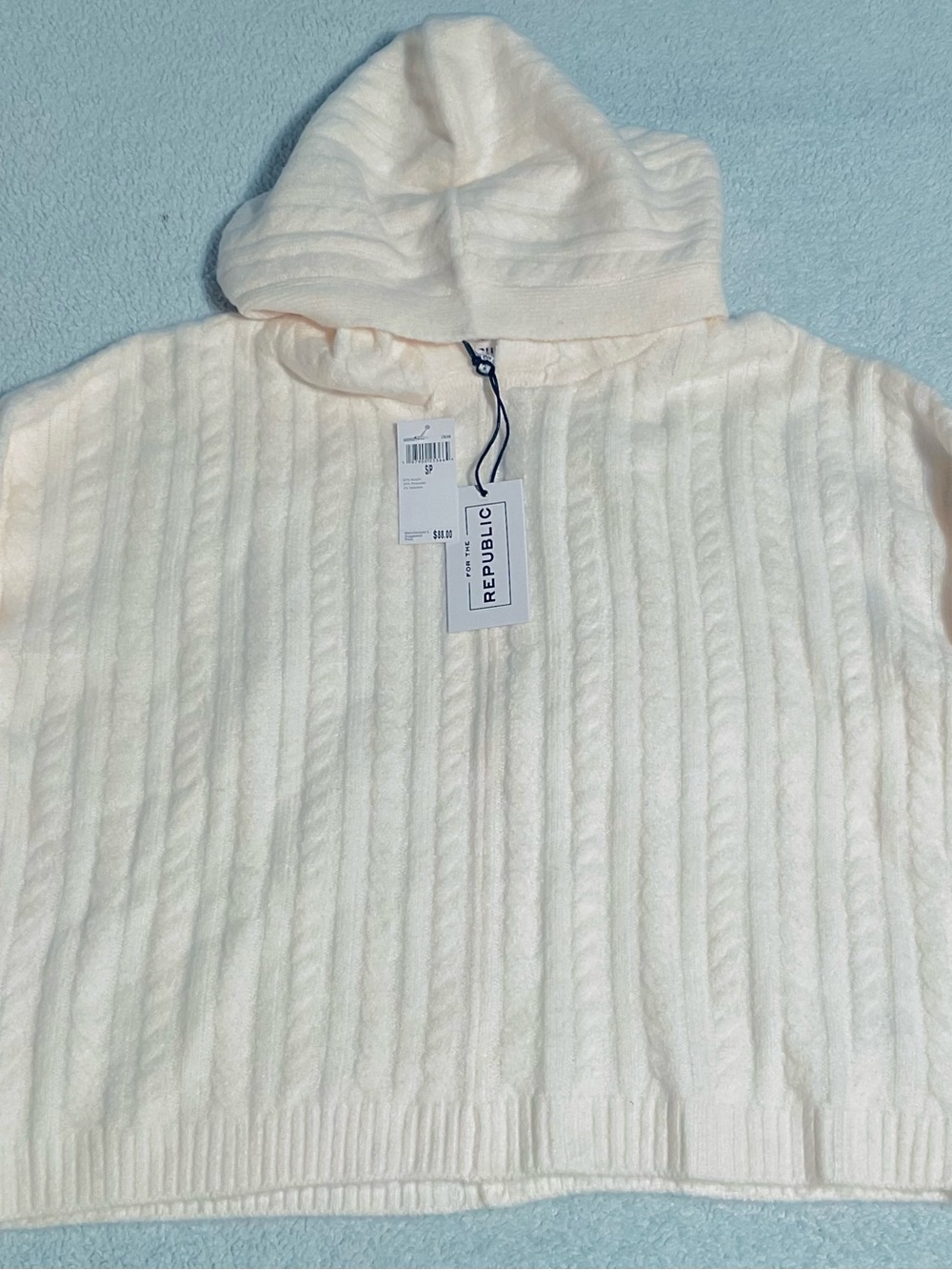 For The Republic Cream Hooded Cable-Knit Zip Sweater